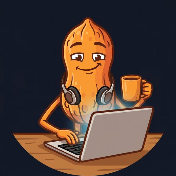 Peanut mascot at a laptop, coffee in hand: my avatar
